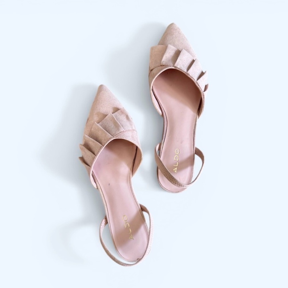 ALDO Ruffle Detail d’Orsay Slingback Flats, Pointed Toe Blush Pink Suede sz. 6